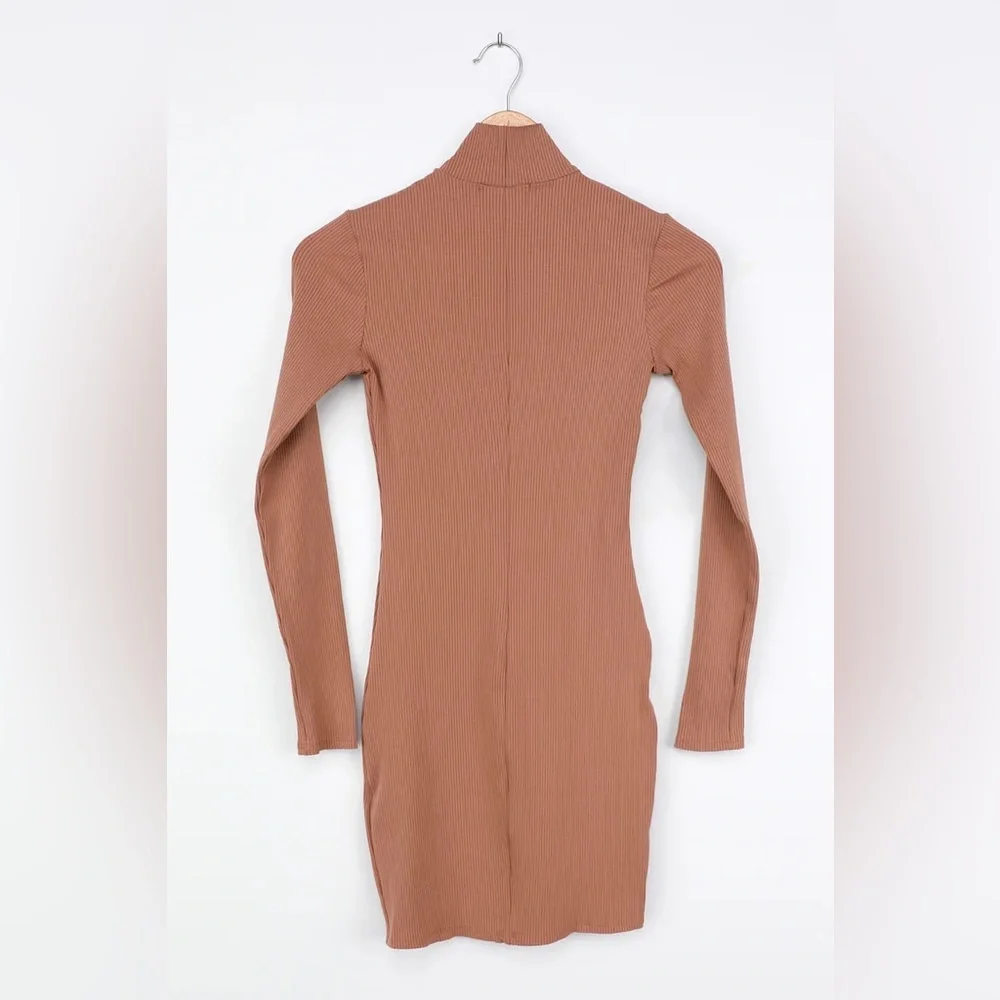 Lulus Sweet Season Tan Ribbed Mock Neck Bodycon Mini Dress Long Sleeve XS NWT - Picture 5 of 11